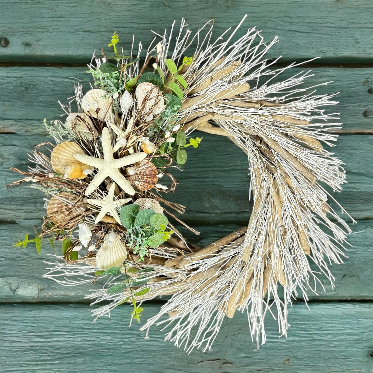 20" Coastal Driftwood Wreath - Handmade Shell Wreath for Nautical, Beach, and Coastal Home Decoration - Holiday Tree